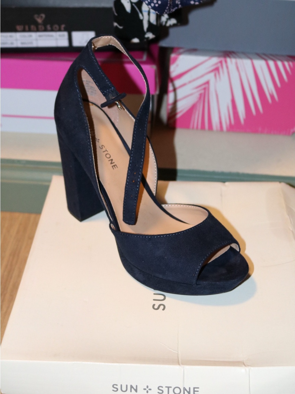 Sun + Stone Navy Suede Peep-Toe Block Heel Sandal